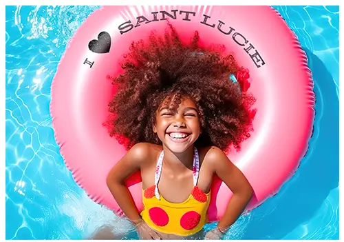 young person playing in pool with I Love Saint Lucie float